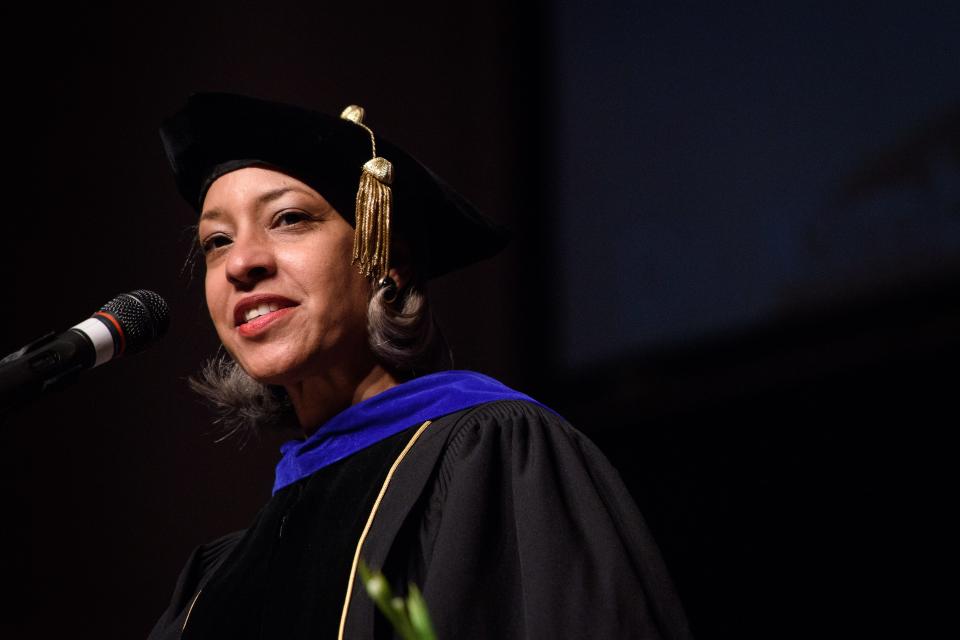 Fayetteville native, FSU alumna, and national vice-president of The Links, Inc., Dr. Kimberly Jeffries Leonard speaks at Fayetteville State University's 150th Founders Day on Thursday, April 20, 2017. 