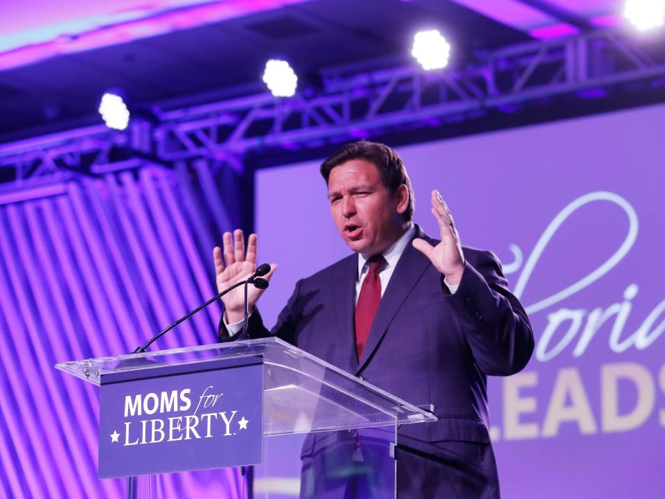 Florida Governor Ron DeSantis speaks during the inaugural Moms For Liberty Summit at the Tampa Marriott Water Street on July 15, 2022 in Tampa, Florida. DeSantis is up for reelection in the 2022 Gubernatorial race against Democrat Charlie Crist.