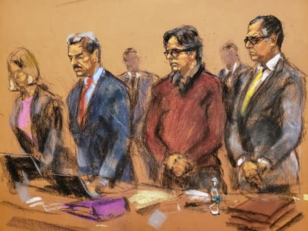 Defense attorney Marc Agnifolo appears in this courtroom sketch in the trial of Nxivm leader Keith Raniere along with Paul DerOhannesian and Danielle Smith in U.S. Federal Court in Brooklynn