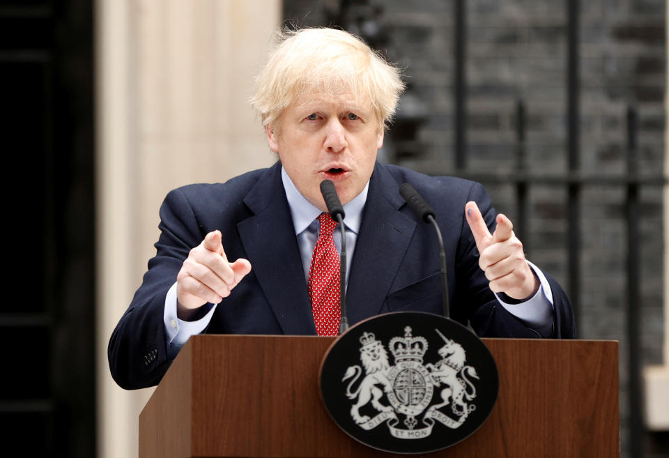 Britain's Prime Minister Boris Johnson speaks outside 10 Downing Street after recovering from the coronavirus disease (COVID-19), London, Britain, April 27, 2020. REUTERS/John Sibley     TPX IMAGES OF THE DAY