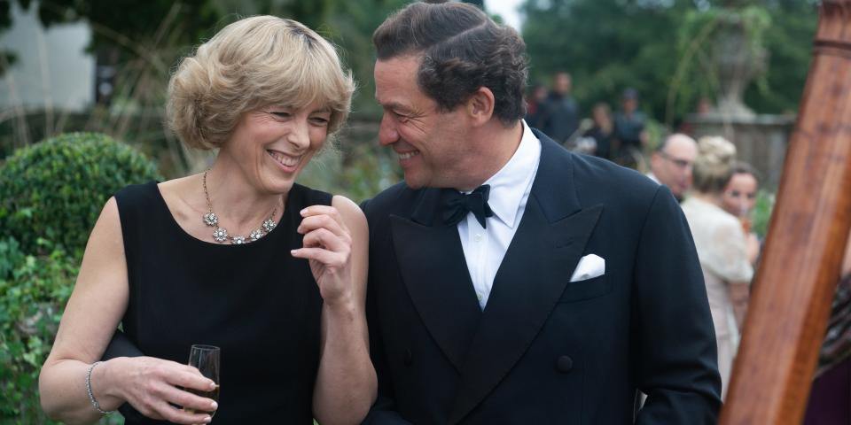 Olivia Williams as Camilla Parker-Bowles and Dominic West as Prince Charles in "The Crown."