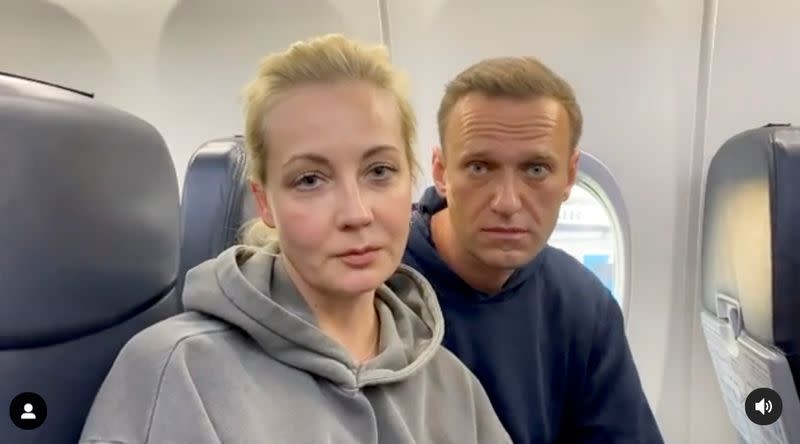 Russian opposition politician Alexei Navalny is seen in a still image from video before the departure for Moscow at an airport in Berlin