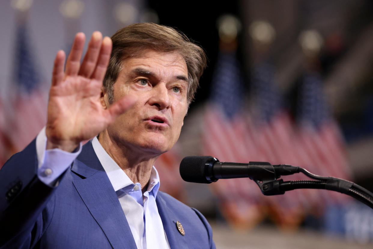 Oz addresses attendees at former President Donald Trump's rally in Wilkes-Barre, Pa., on Sept. 3.