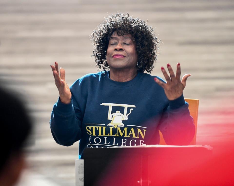 Dec 2, 2022; Tuscaloosa, Alabama, USA;  The Stillman College Choir releases for the annual Christmas Candlelight Concert that will take place Sunday at 6 p.m. in Birthright Alumni Hall. Director of Choral Activities Jacqueline Richardson directs her singers as they rehearse.