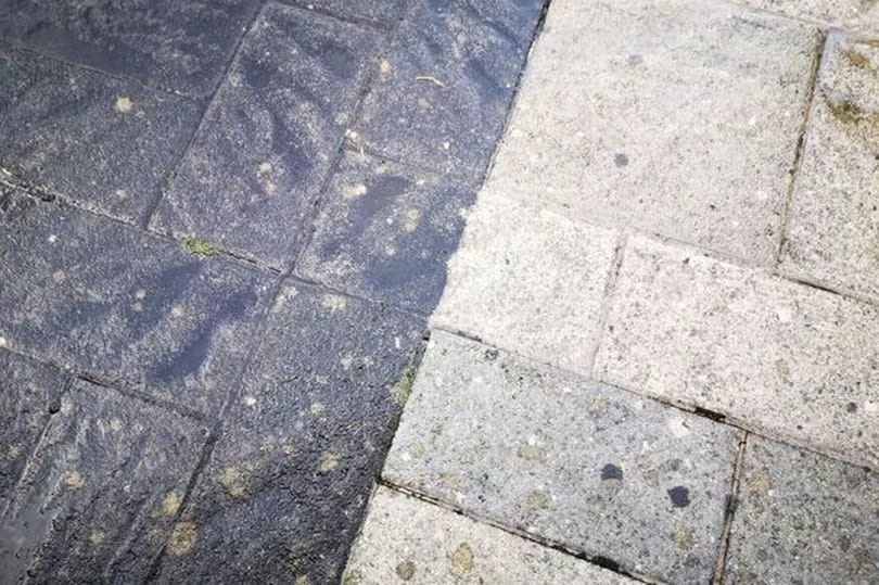 Before and after jet washing a patio with an effective result.