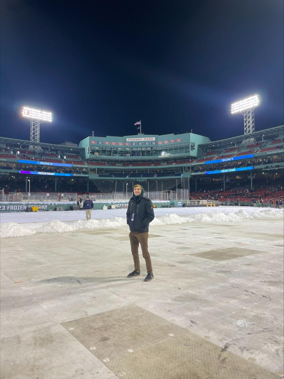 New MetroWest and Milford Daily News sports reporter Kyle Grabowski at Fenway Park covering Frozen Fenway in January 2023.