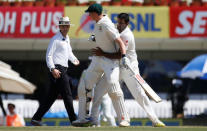 Cricket - India v Australia - Third Test cricket match - Jharkhand State Cricket Association Stadium, Ranchi, India - 16/03/17 - India’s Ravichandran Ashwin (R) collides with Australia's Matt Renshaw. REUTERS/Adnan Abidi