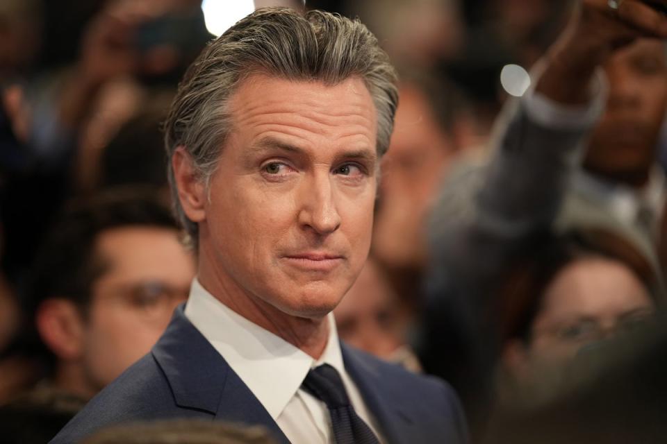 Gov. Gavin Newsom (D-CA) was one of the few Democrats willing to defend Biden’s performance at the debate on Thursday. ((Photo by Andrew Harnik/Getty Images))