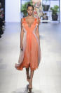 <p><i>Model wears a pinkand peach pleated dress from the Cushnie et Ochs SS18 collection. (Photo: ImaxTree) </i></p>