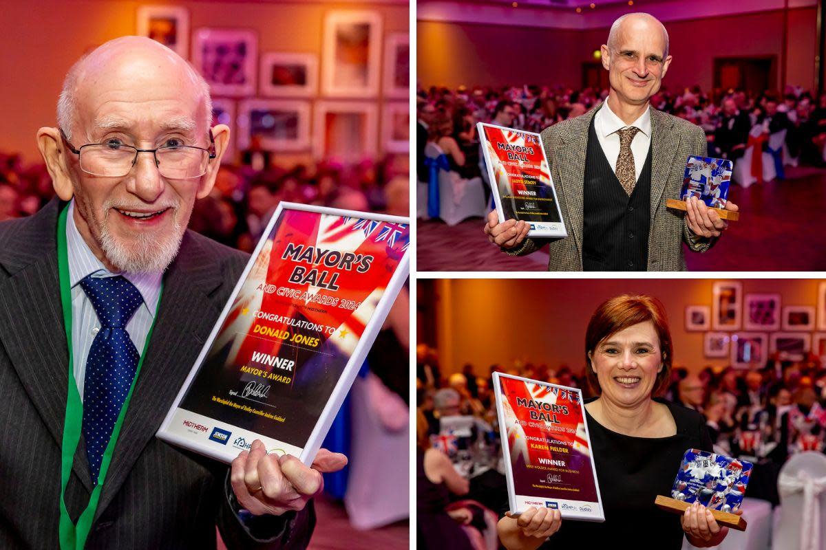 Pensioner Donald Jones with his Mayor's award certificate, left, Lloyd Stacey. top right, and Karen Fielder, bottom right. <i>(Image: Dudley Council)</i>