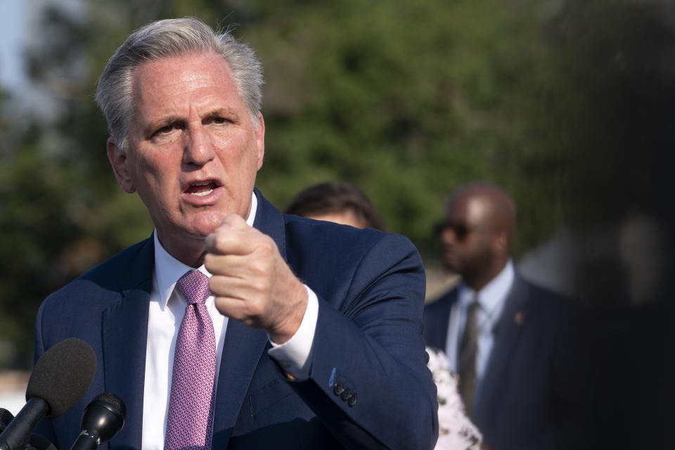 House Minority Leader Kevin McCarthy of Calif., speaks about the House select committee investigating the Jan. 6 attack on the U.S. Capitol, Tuesday, July 27, 2021, on Capitol Hill in Washington. (AP Photo/Jacquelyn Martin)