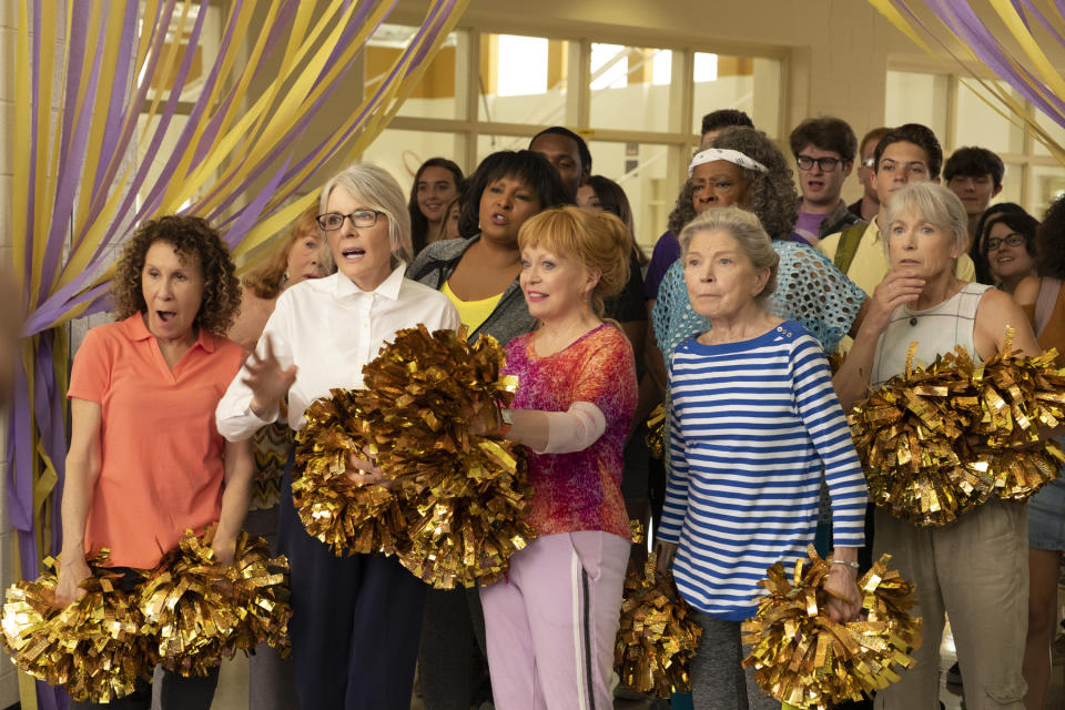 This image released by STXfilms shows Rhea Perlman, from foreground left, Diane Keaton, Jacki Weaver and Phyllis Somerville in a scene from "Poms." (STXfilms via AP)