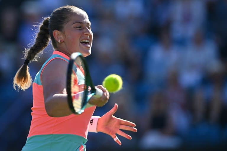 Winning start: Latvia's Jelena Ostapenko on her way to a first-round victory over <a class="link " href="https://sports.yahoo.com/soccer/teams/belgium/" data-i13n="sec:content-canvas;subsec:anchor_text;elm:context_link" data-ylk="slk:Belgium;sec:content-canvas;subsec:anchor_text;elm:context_link;itc:0">Belgium</a>'s Greet Minnen in the WTA Tour event at Eastbourne (Glyn KIRK)