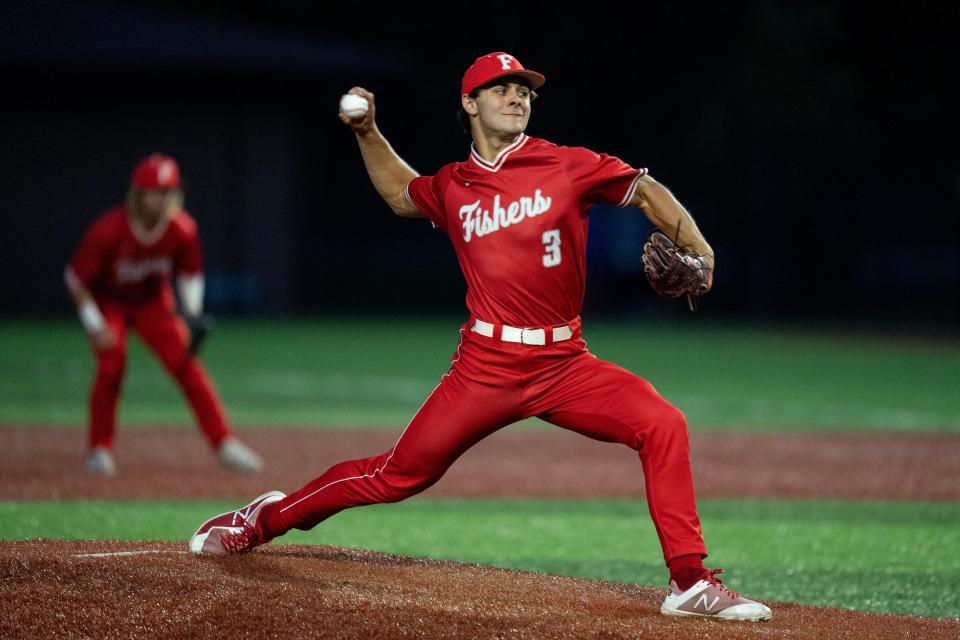Fishers junior Jack Brown pitches Wednesday, May 24, 2023, as Fishers takes on Noblesville in an IHSAA baseball sectional game in Carmel.