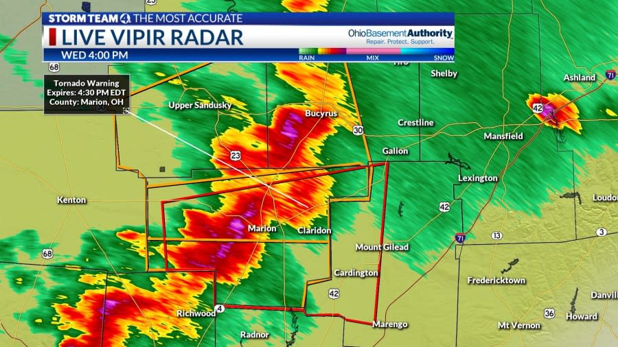 Doppler radar showed a cluster of severe storms moving through western sections of Crawford, Marion and Union counties and eastern Champaign County.