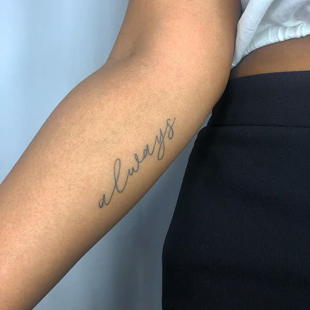 <p>Whether you're a <em>Harry Potter </em>fan who still tears up every time you hear Snape telling Dumbledore he's always loved Lily Potter or you couldn't care less about the series, "always" is a sweet tattoo to consider. </p><p><a href="https://www.instagram.com/p/BshB1fRgXxg/?igshid=13ix240gjjzhb" rel="nofollow noopener" target="_blank" data-ylk="slk:See the original post on Instagram;elm:context_link;itc:0;sec:content-canvas" class="link ">See the original post on Instagram</a></p>