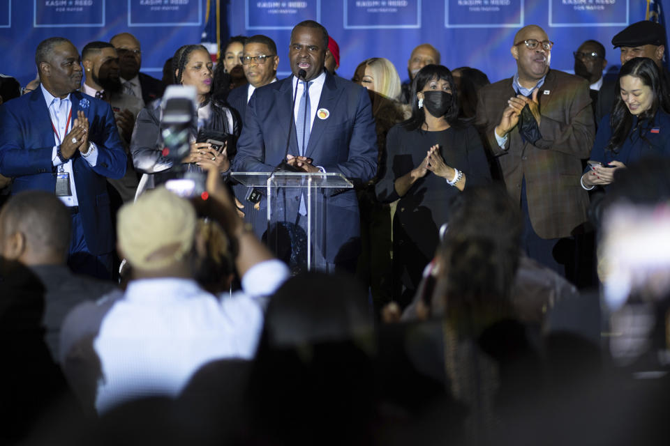 Atlanta mayoral candidate Kasim Reed speaks to supporters at his election night party early Wednesday, Nov. 3, 2021, in Atlanta. (AP Photo/Ben Gray)