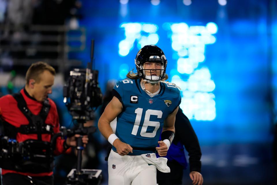Jaguars quarterback Trevor Lawrence (16) is introduced before the Jan. 14 prime-time playoff against the Chargers, a 31-30 come-from-behind Jacksonville win.