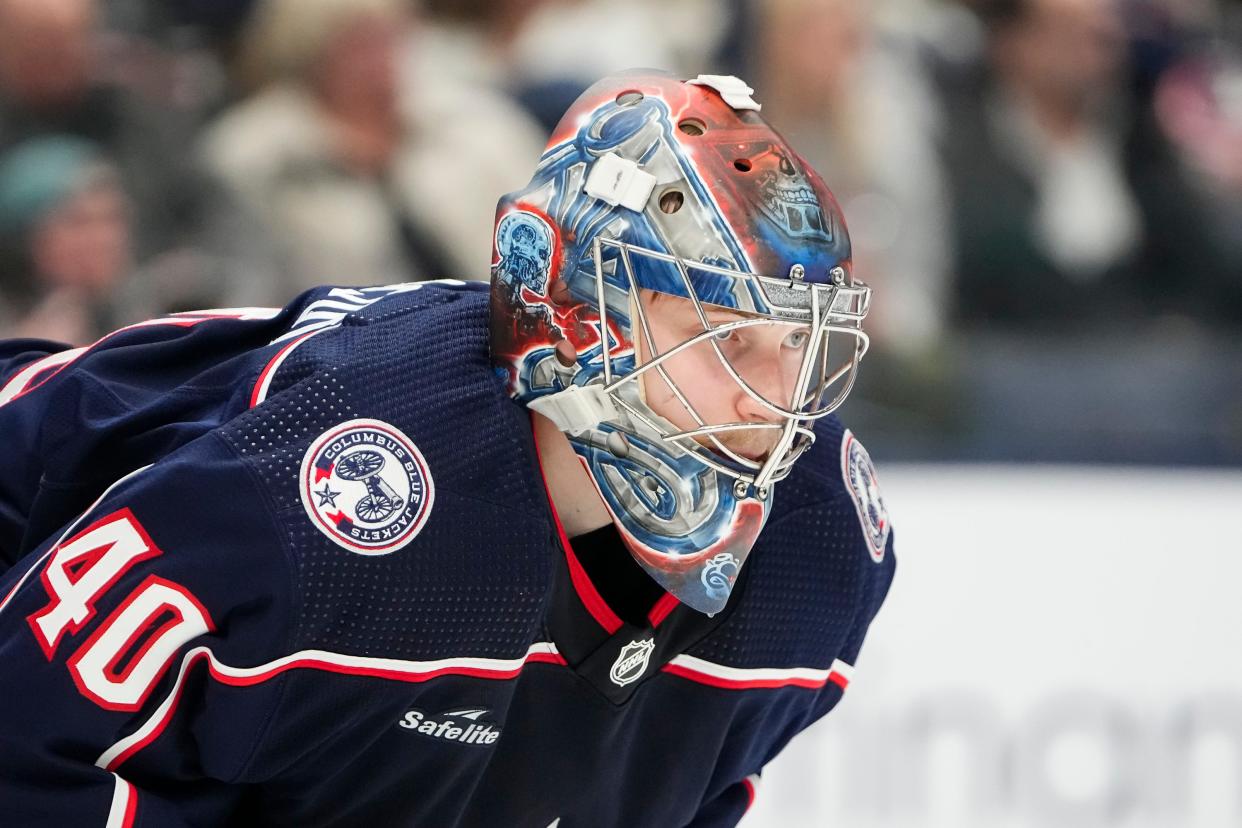 Jan 13, 2024; Columbus, Ohio, USA; Columbus Blue Jackets goaltender Daniil Tarasov (40) stands in net during the second period of the NHL hockey game at Nationwide Arena.
