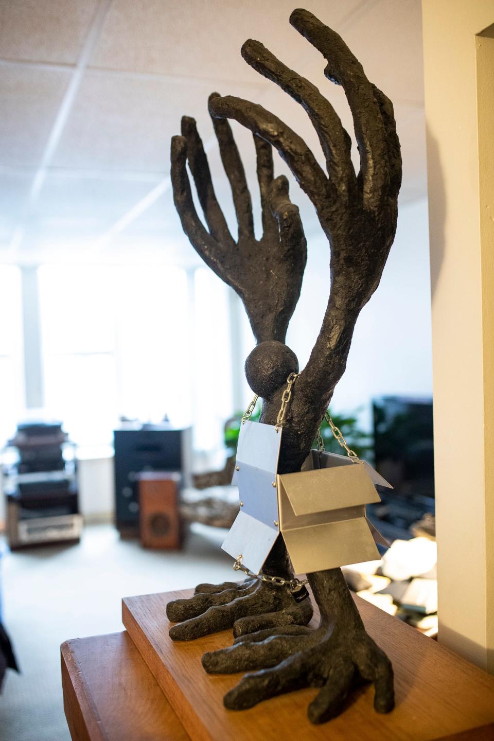 Stephen Handschu's sculpture "Showing Growing and Going Out" at his apartment in Detroit on Wednesday, Nov. 8, 2023