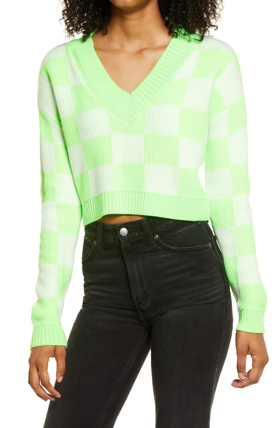 20) Checkered V-Neck Crop Sweater
