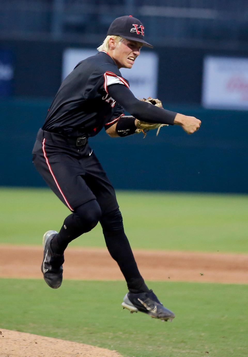 Westmoore's Deacon Frazee celebrates following the Class 6A baseball state championship between Westmoore and Sand Springs at Chickasaw Bricktown Ballpark in Oklahoma City, Saturday, May, 11, 2024.