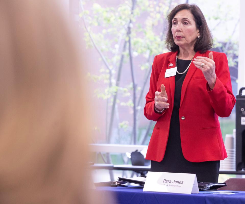 Stark State College President Para Jones speaks during an AI roundtable held at the college in April.