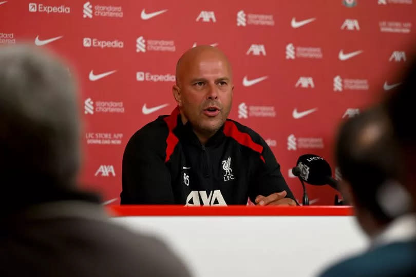 Arne Slot speaks during his first Liverpool press conference.