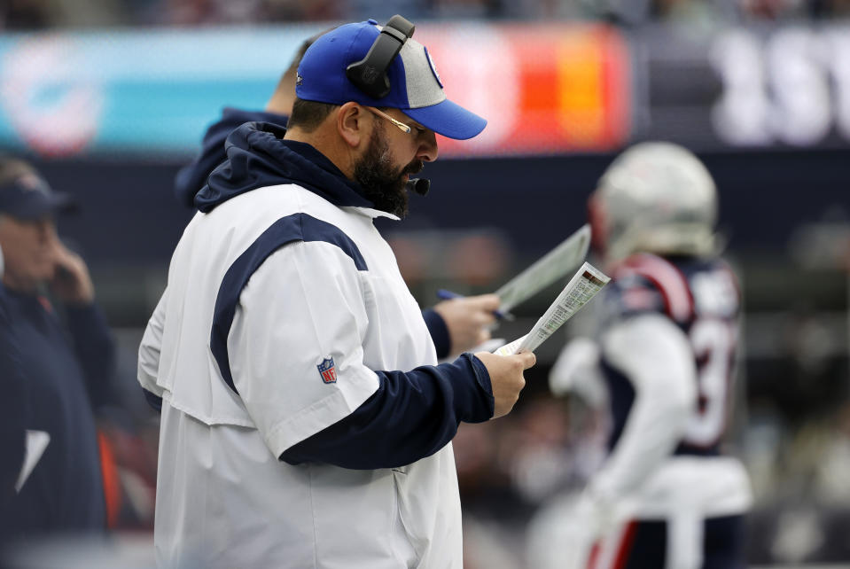 FOXBOROUGH, MA - JANUARY 01: New England Patriots senior football advisor / offensive line coach Matt Patricia during a game between the New England Patriots and the Miami Dolphins on January 1, 2023, at Gillette Stadium in Foxboro, Massachusetts. (Photo by Fred Kfoury III/Icon Sportswire via Getty Images)