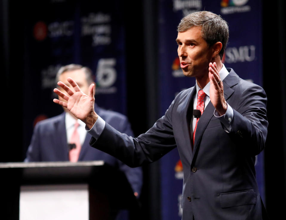 In the final minutes of their first debate on Sept. 21, 2018, when each man was asked to name something they admire about their opponent, O’Rourke said that even though they disagree politically, Cruz was fighting for what he believed, and he respected that. (Photo: Tom Fox/Dallas Morning News/Pool via Reuters)