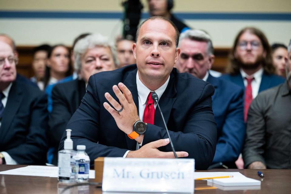 PHOTO: David Grusch, former National Reconnaissance Office representative on the Defense Department's Unidentified Aerial Phenomena Task Force, testifies during the House Oversight and Accountability Subcommittee hearing, July 26, 2023. (Tom Williams/CQ-Roll Call via Getty Images)