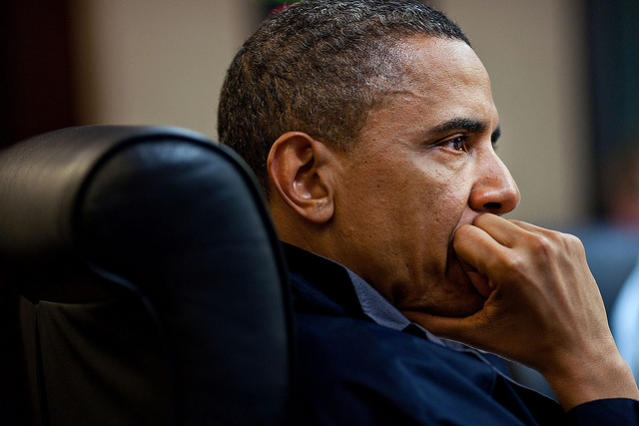 President Barack Obama listens during one in a series of meetings discussing the mission against Osama bin Laden, in the Situation Room of the White House, May 1, 2011. (Official White House Photo by Pete Souza)