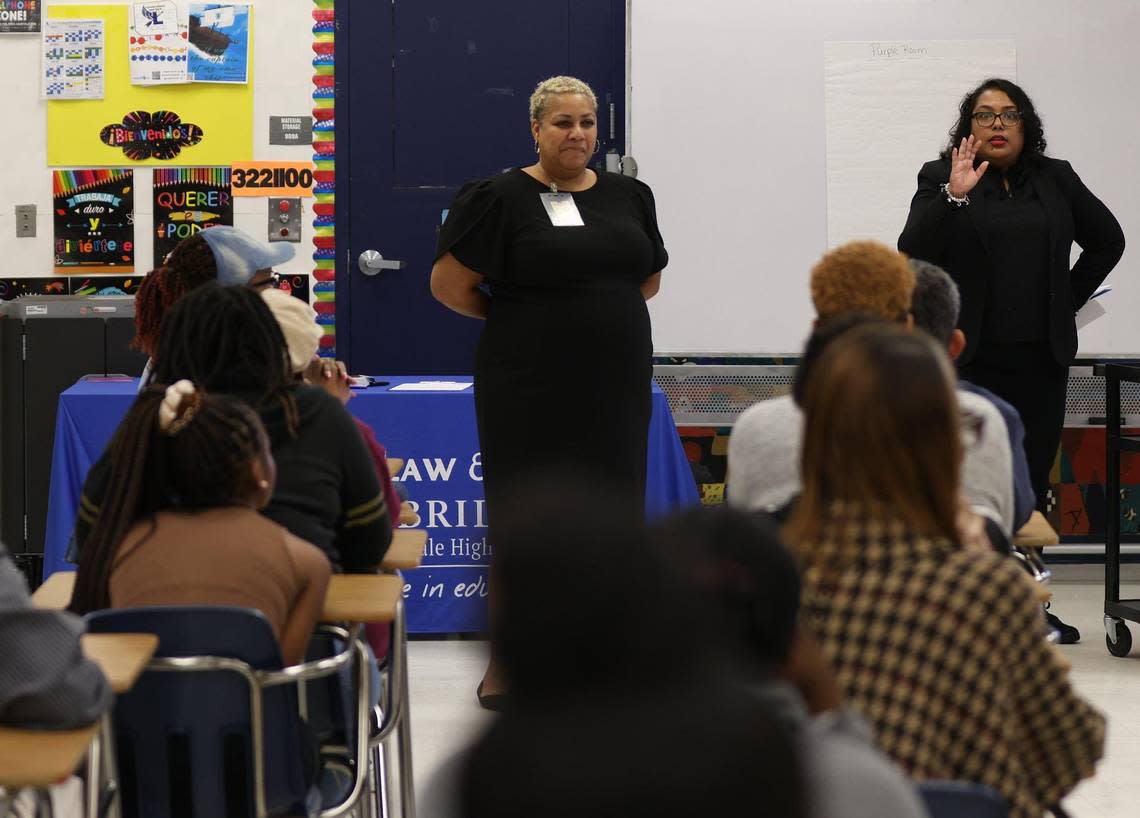 Shelly Navarro Winter, right, opens the breakout session as Broward County Public Schools held the first of three town halls to discuss with the community the possibility of closing schools in 2025 due to under-enrollment.