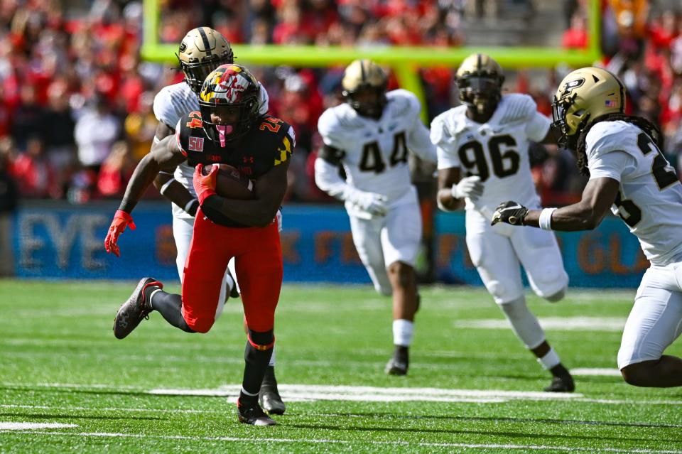 Oct 8, 2022; College Park, Maryland, USA;  Maryland Terrapins running back Roman Hemby (24) runs during the second half against the Purdue Boilermakers  at SECU Stadium.