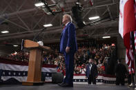 Republican presidential candidate and former President Donald Trump speaks during a rally, Saturday, Nov. 18, 2023, in Fort Dodge, Iowa. (AP Photo/Bryon Houlgrave)