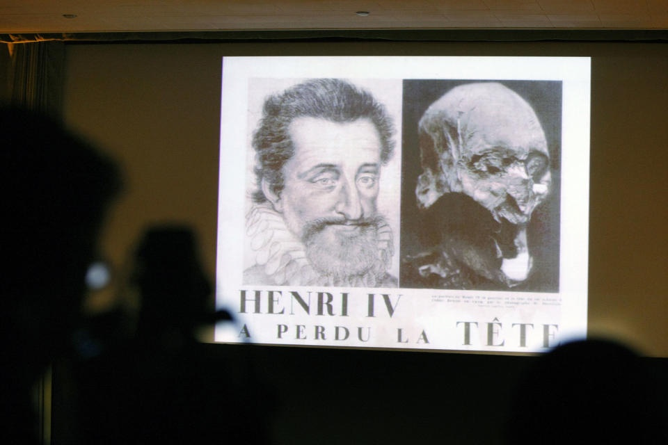 Critics cast doubt on the claim that a mummified skull found in a retired collecter's attic belonged to French King Henri IV. The skull was used to create a 3D model of what Henri's face looked like. (AP Photo/Remy de la Mauviniere)  <a href="http://www.huffingtonpost.com/2013/02/17/henri-iv-skull-uncovered-attic-critics-dispute_n_2706837.html" target="_blank">Read more here.</a>