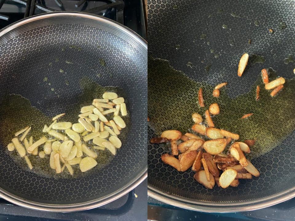 Fried garlic in a pan.