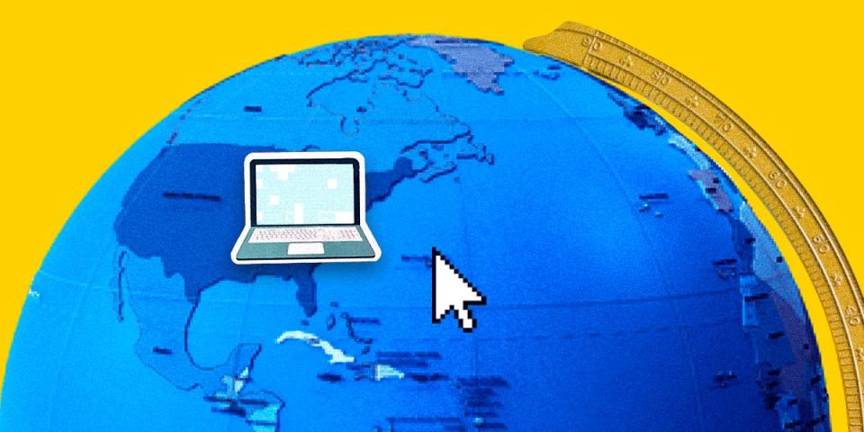 Mouse pointer picking up a laptop and dragging it from the Northern Hemisphere oversees