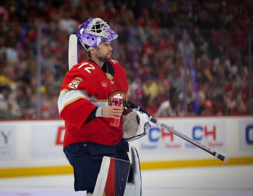 Florida Panthers goaltender Sergei Bobrovsky (72) looks on during the second period of an NHL game against the Chicago Blackhawks at the Amerant Bank Arena on Sunday, Nov 12, 2023, in Sunrise, Fla.