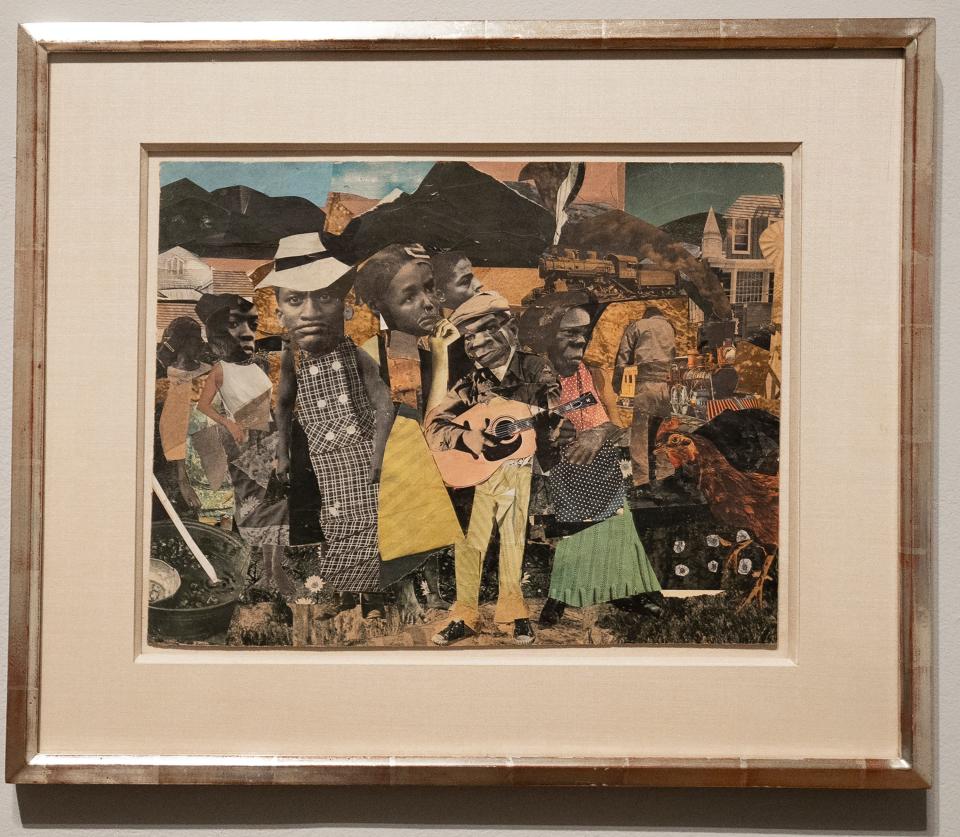 Romare Bearden, "Watching the Good Trains Go By," 1964, collage. Museum purchase, Derby Fund, from the Phillip J. and Suzanne Schiller Collection of American Social Commentary Art, 1930 - 1970.