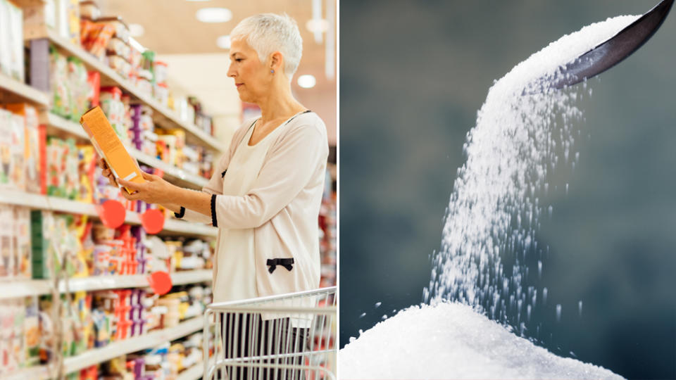 A woman looks at box of food in an grocery store (left) and a spoon pouring sugar (right)