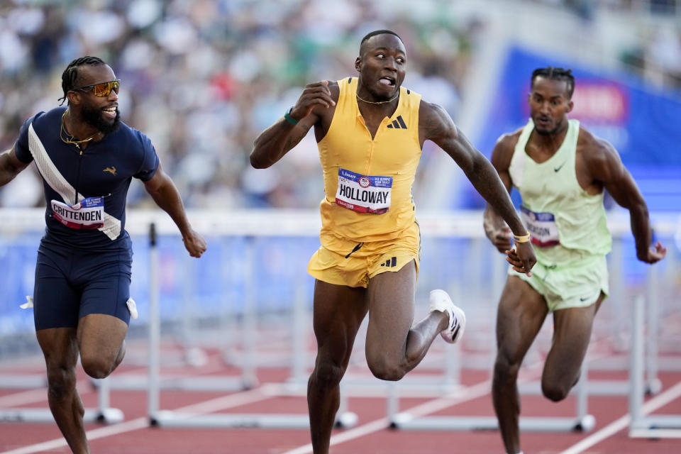 Grant Holloway wins the men's 110-meter hurdles final during the U.S. Track and Field Olympic Team Trials Friday, June 28, 2024, in Eugene, Ore. (AP Photo/George Walker IV)