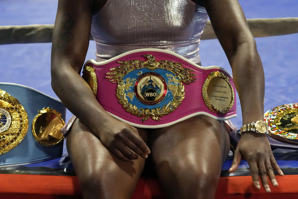 Claressa Shields is interviewed before a workout, Tuesday, May 30, 2023, in Detroit. Shields is perhaps in the prime of her career, establishing a big enough name as a two-time Olympic gold medalist and world champion in three weight classes to headline the first boxing card in the six-year history of Little Caesars Arena. The undisputed middleweight champion faces top-ranked contender Maricela Cornejo on Saturday. (AP Photo/Carlos Osorio)