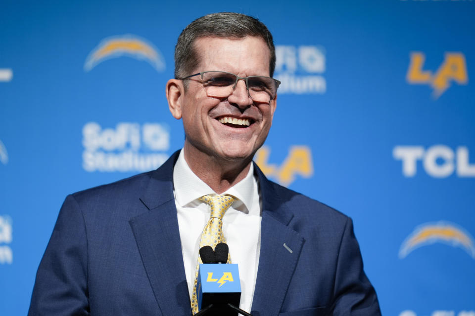 Jim Harbaugh speaks during a press conference introducing him as the new head coach of the Los Angeles Chargers NFL football team, Thursday, Feb. 1, 2024, in Inglewood, Calif. (AP Photo/Ashley Landis)