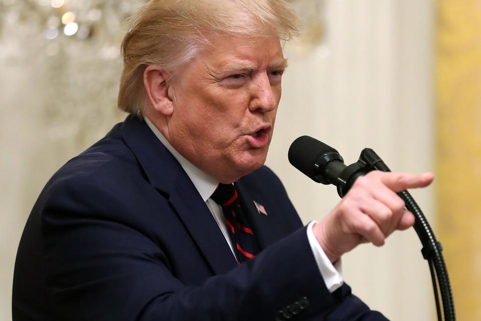 President Donald Trump rails against journalists asking questions about an impeachment inquiry during a joint news conference with Finnish President Sauli Niinisto in the East Room of the White House October 02, 2019.