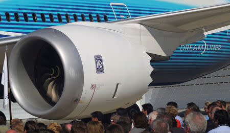 The Rolls Royce engine of a 787 Dreamliner is pictured as the aircraft sits on the tarmac at Boeing Commercial Airplanes manufacturing facilities at Paine Field, Everett, Washington during the jetliner's certification event on August 26, 2011. REUTERS/Anthony Bolante/File Photo