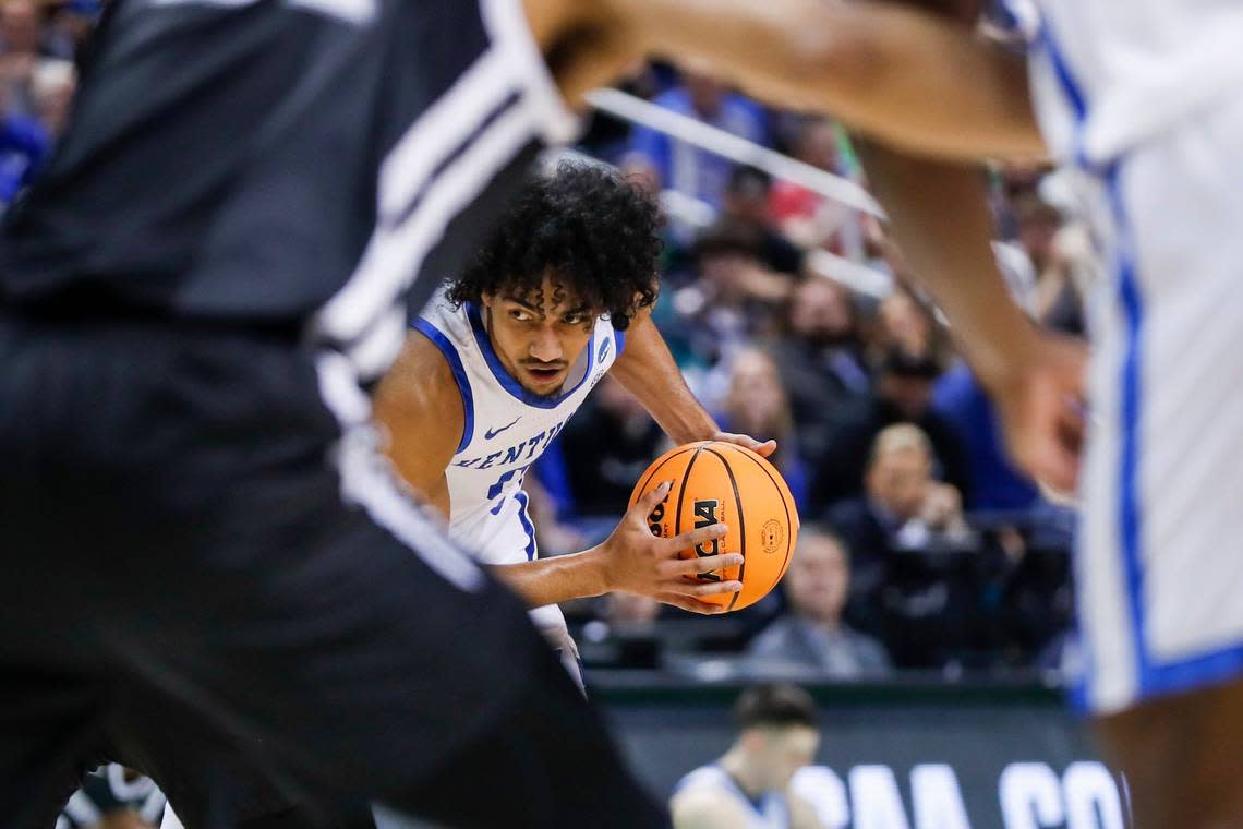Kentucky forward Jacob Toppin (0) had 18 points, six rebounds, two assists and a blocked shot in UK’s 61-53 win over Providence in the NCAA Tournament East Region round of 64 Friday night.