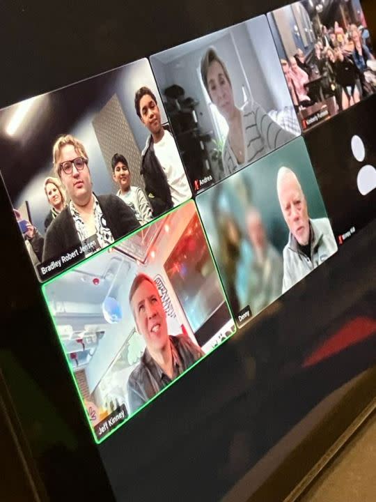 Jeff Kinney, lower left, participated in a Zoom call at the Circa ’21 Speakeasy on Thursday morning, March 21, 2024 (photo by Jonathan Turner).