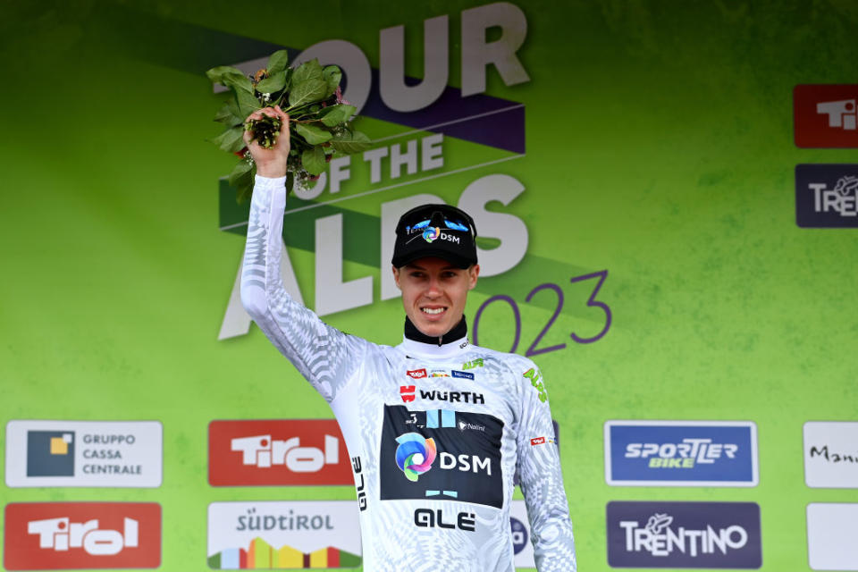 RITTEN ITALY  APRIL 18 Max Poole of United Kingdom and Team DSM celebrates at podium as White best young jersey winner during the 46th Tour of the Alps 2023  Stage 2 a 1652km stage from Reith im Alpbachtal to Ritten 1174m on April 18 2023 in Reith im Alpbachtal Italy Photo by Tim de WaeleGetty Images