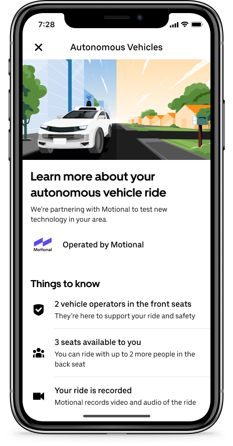 The info screen on the Uber app for an autonomous ride, provided by the company.